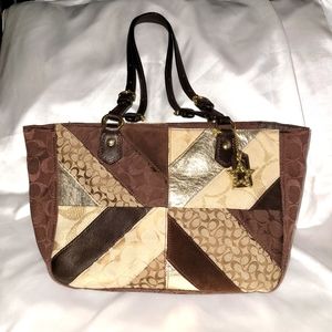 COACH  Gallery Chevron Patchwork Brown Gold Tote Shoulder Handbag  F17614
